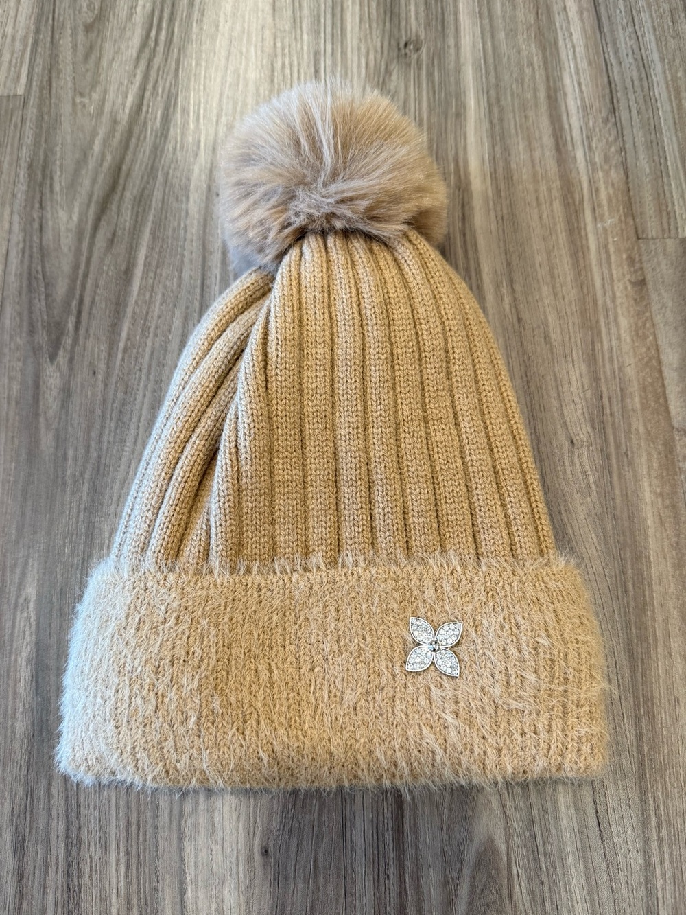 Women’s Plush Ribbed Pom Beanie Hat with Crystal Flower - Tan